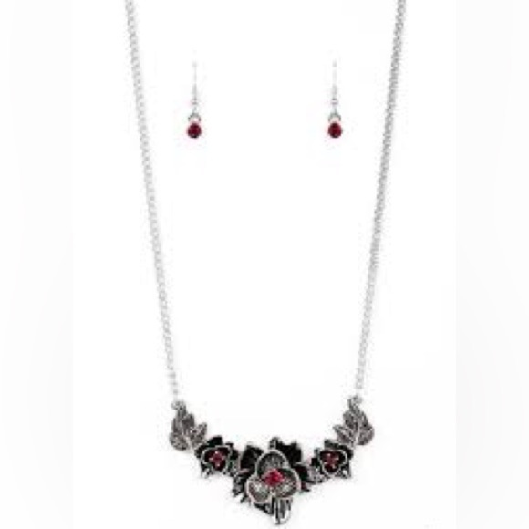 Paparazzi Red and Silver Botanical Breeze Necklace and Earrings - Picture 5 of 5